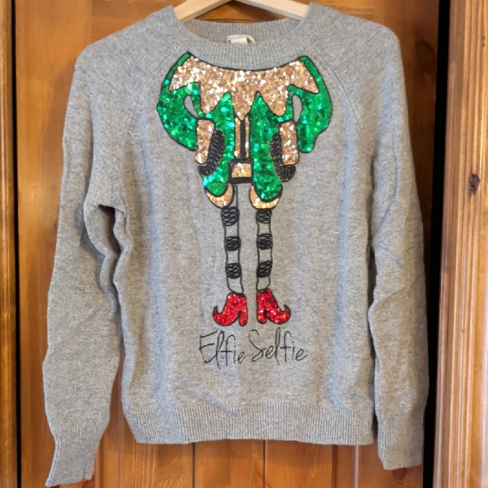 H&M Gray Sweater with Sequin Elf Design